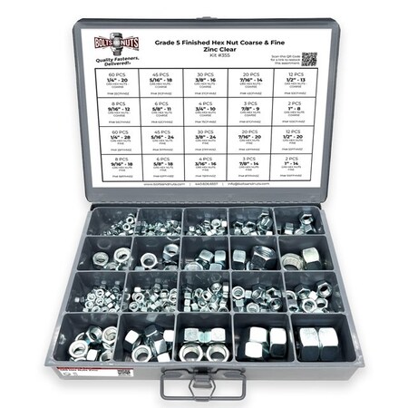 Boltsandnuts.Com Grade 5 Finished Hex Nut Coarse & Fine Zinc Clear Assortment - 381 pcs Assortment Kit #355